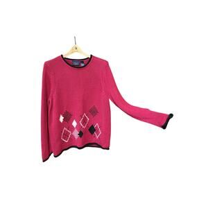 Vintage crazy horse cotton ramie pullover red black sweater large argyle print